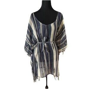 Lagaci Boho Striped Fringe Tunic Top Kimono Sleeve Fringe Hem Beach Cover Sz S